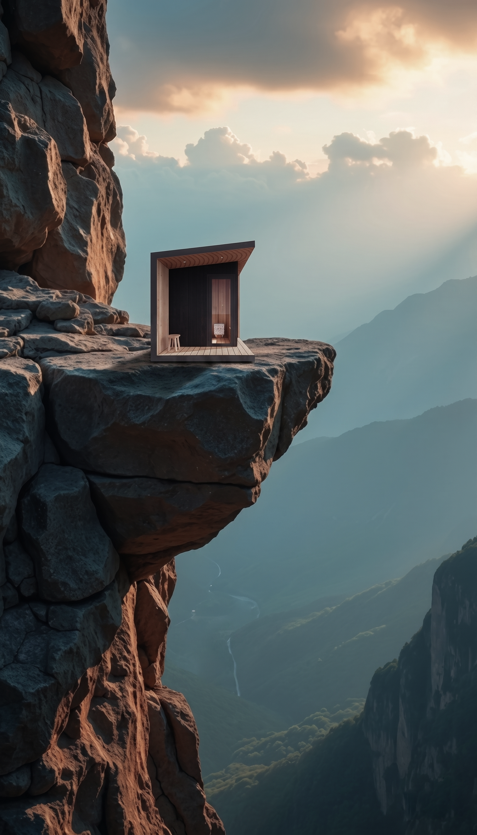 Sauna on a dramatic cliff edge at sunset